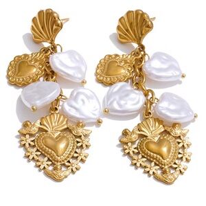 Baroque Pearl & Heart Drop Earrings – Stainless Steel PVD Gold Plated